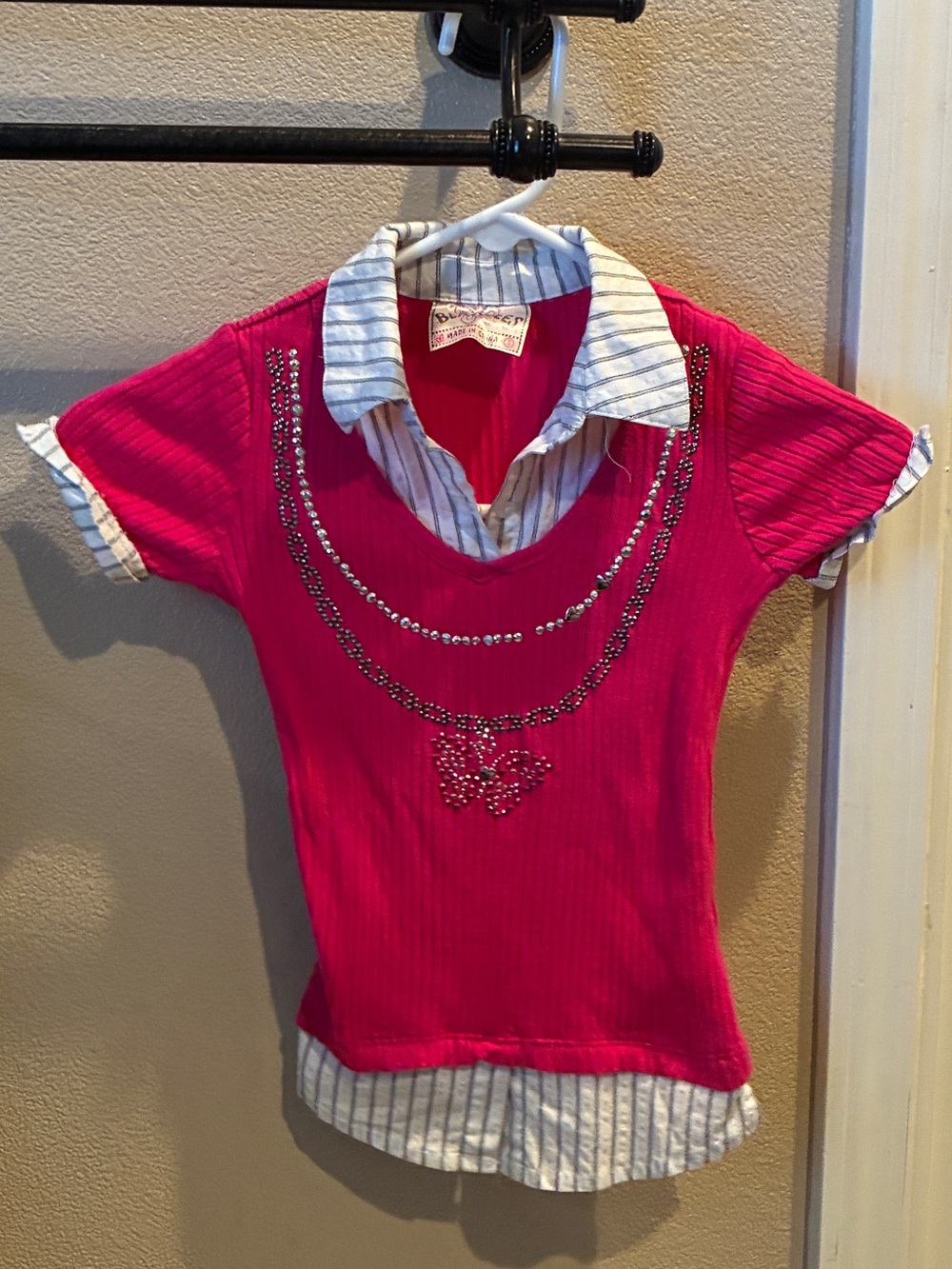Beautees Hot Pink Layered-Look Short Sleeve Top with Rhinestone Butterfly